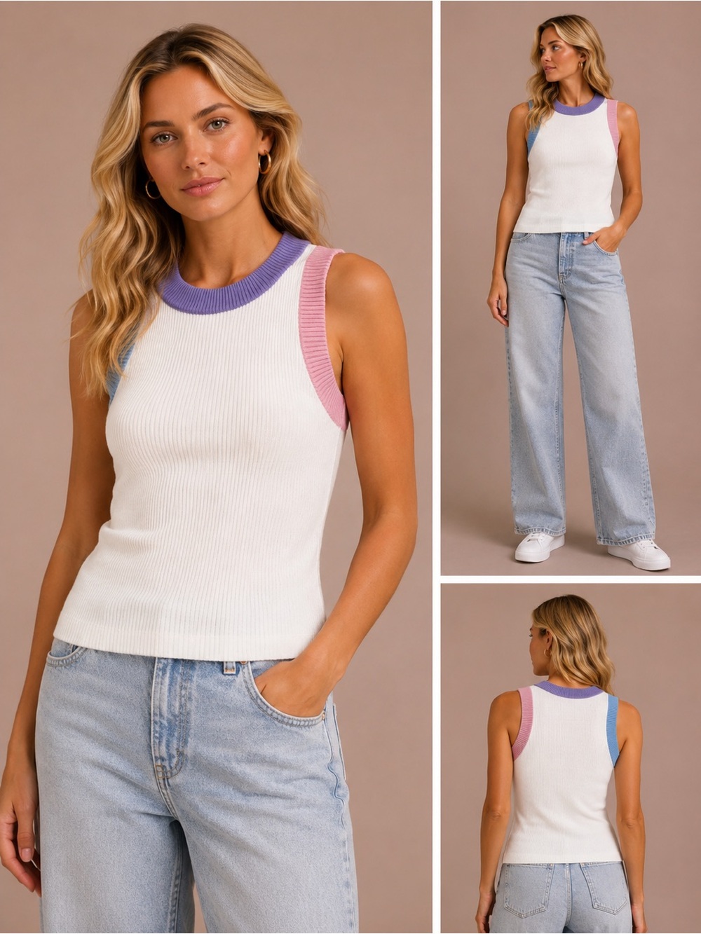 Ribbed White Tank Top with Pastel Purple, Pink & Blue Trim